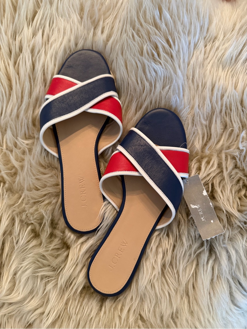 J. Crew Navy, Red & White Crossband Slide Sandals